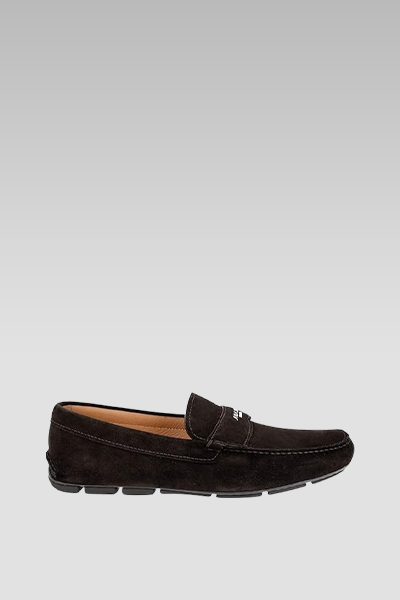 Prada Brown Suede Loafer Badge on Top