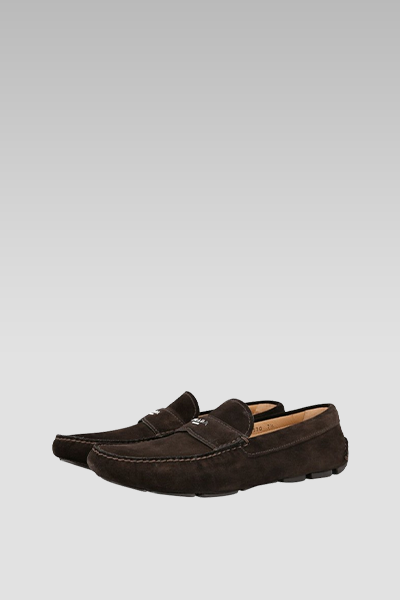 Prada Brown Suede Loafer Badge on Top